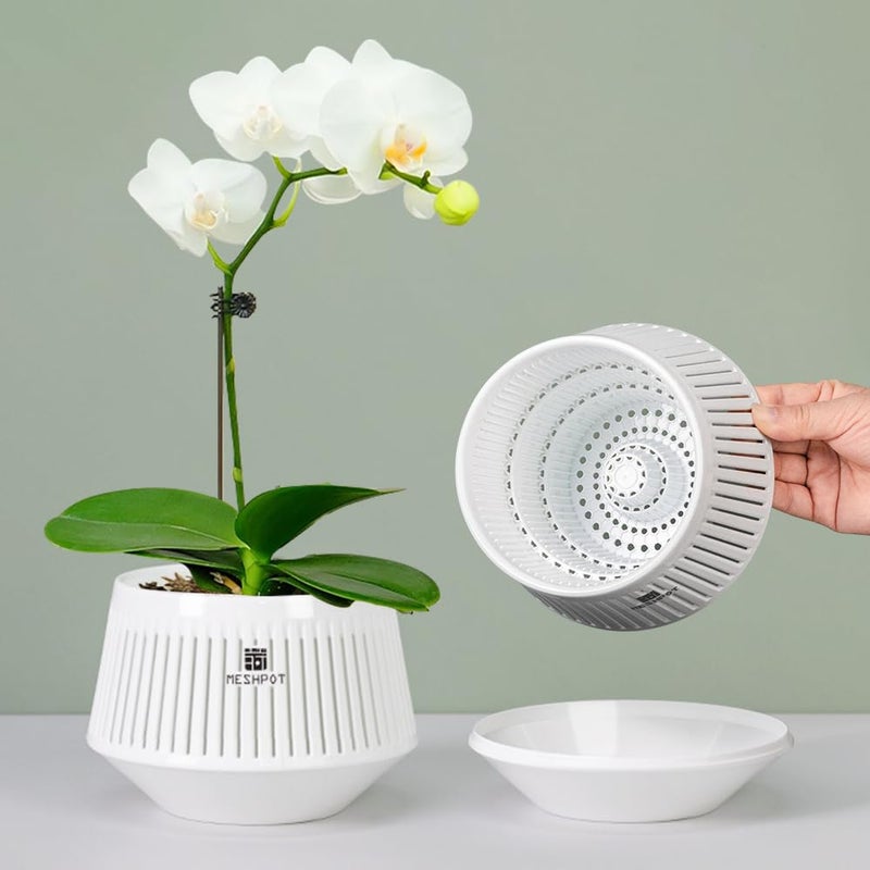 Meshpot 5 inch Orchid Pots with Holes for Repotting with Excellent Airflow and No Leaking, Set of 2, Decorative African Violet Pots with Air-Pruning, Plastic White Orchid Container with Saucers - Image 1